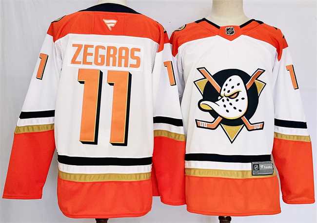 Men%27s Anaheim Ducks #11 Trevor Zegras White Orange 2024-25 Stitched Jersey